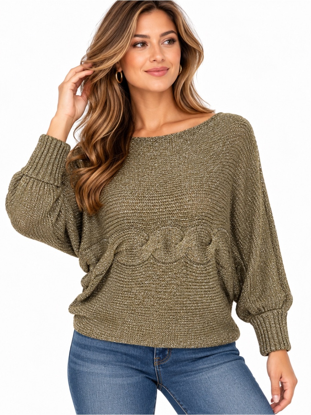 Newport News Olive Off-the-Shoulder Cable-Accent Sweater